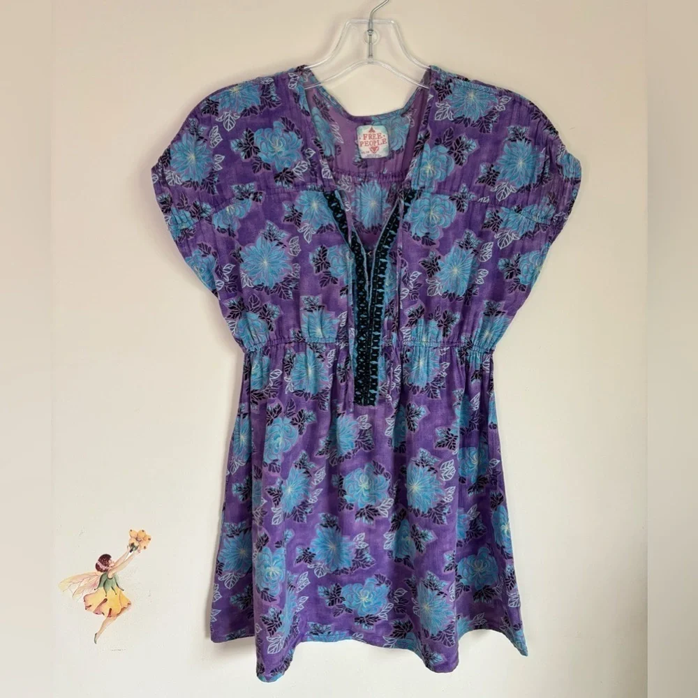 Free People Y2K Purple and Blue Floral Top Size XS
